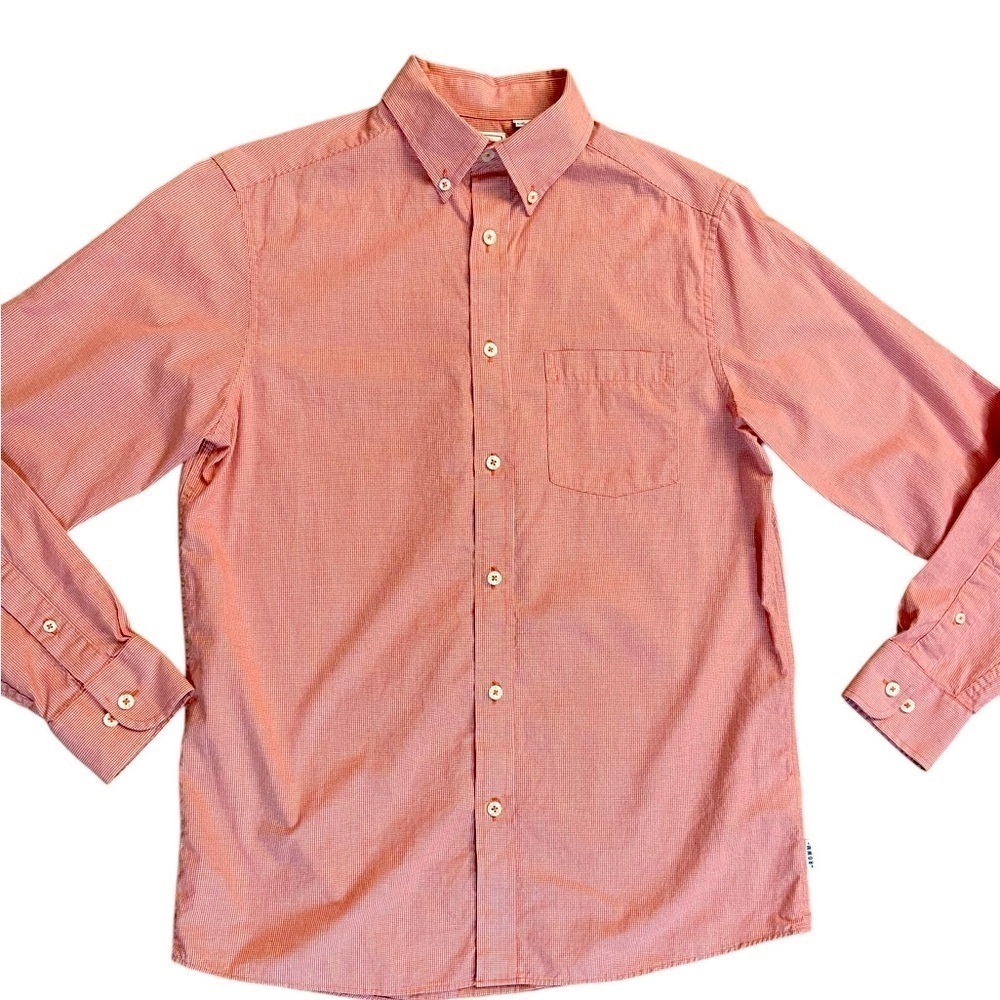 ROWM Mens Long Sleeve Button Down Shirt Red White Gingham Size S Cotton Office